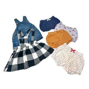 Baby Girls Denim Jumper, Buffalo Plaid Skirt & 4 Diaper Cover Ups - 9 M &‎ 6-12M